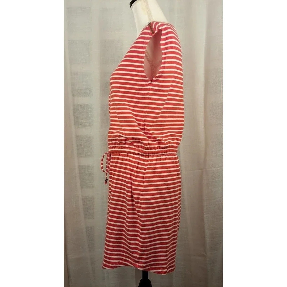 Michael Kors S Red White Striped Zipper Shoulder Drawstring Waist T-Shirt Dress